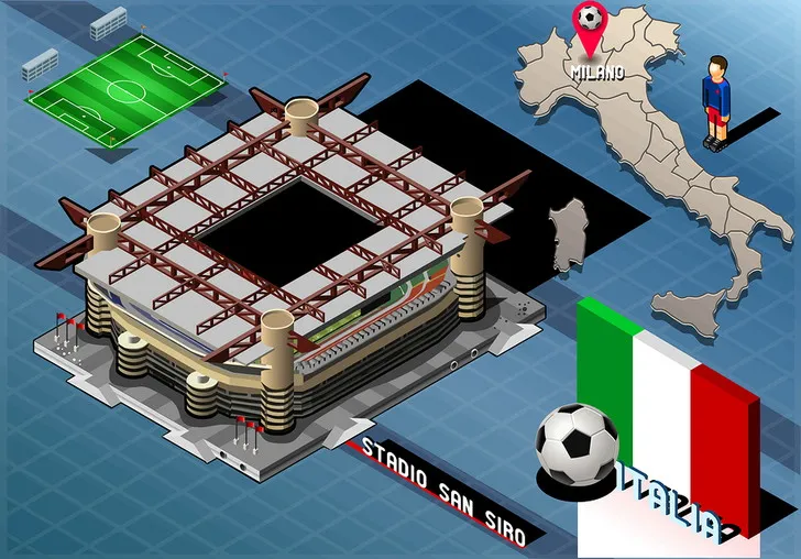 Đồ họa kiến trúc isometric chi tiết của sân San Siro, thể hiện cấu trúc độc đáo của các khán đài và mặt sân