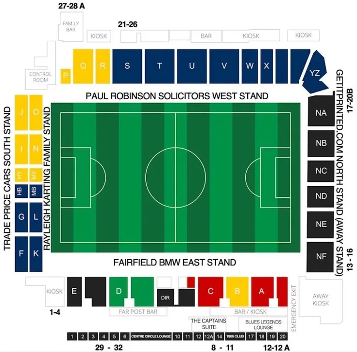 Sơ đồ bố trí các khán đài tại sân vận động Roots Hall của Southend United