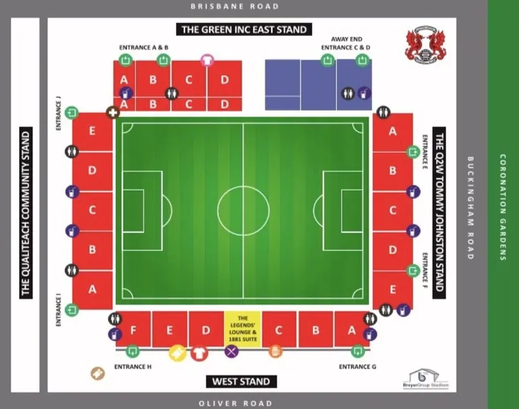 Sơ đồ bố trí các khán đài và khu vực chỗ ngồi sân Brisbane Road