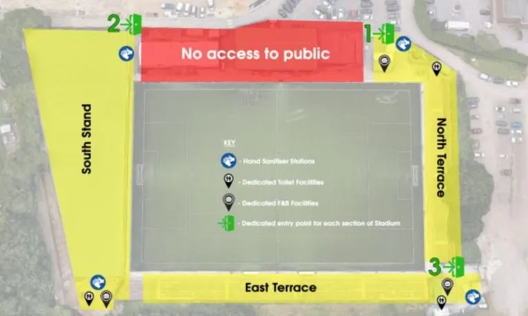 Sơ đồ bố trí các khán đài và khu vực chỗ ngồi tại sân vận động Hayes Lane của Bromley FC