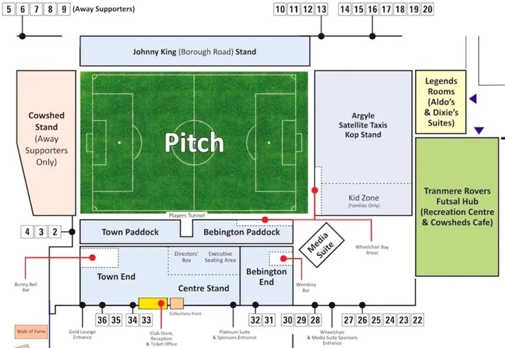 Sơ đồ bố trí chỗ ngồi chi tiết của sân vận động Prenton Park, hướng dẫn các khán đài chính.