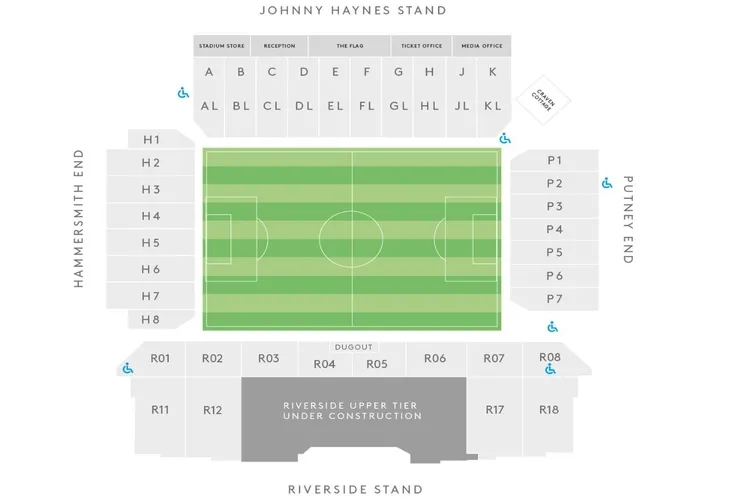 Sơ đồ bố trí chỗ ngồi chi tiết tại sân vận động Craven Cottage của Fulham FC.