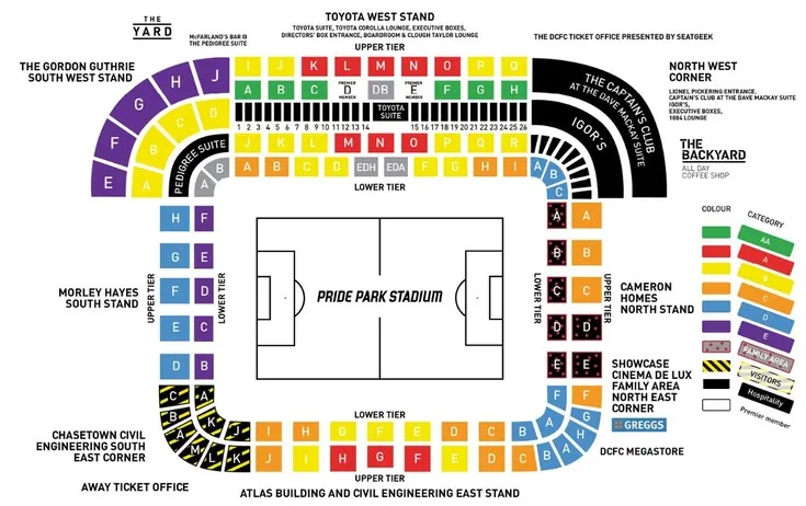 Sơ đồ bố trí chỗ ngồi chi tiết tại sân vận động Pride Park, giúp người hâm mộ dễ dàng định vị.