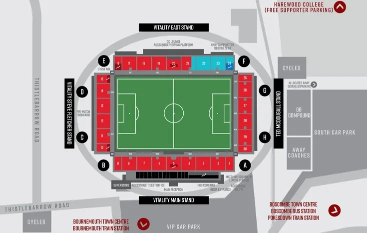 Sơ đồ bố trí chỗ ngồi chi tiết tại sân vận động Vitality của AFC Bournemouth