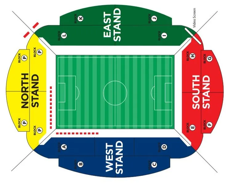Sơ đồ bố trí chỗ ngồi sân Toughsheet Community Stadium, phân chia các khán đài