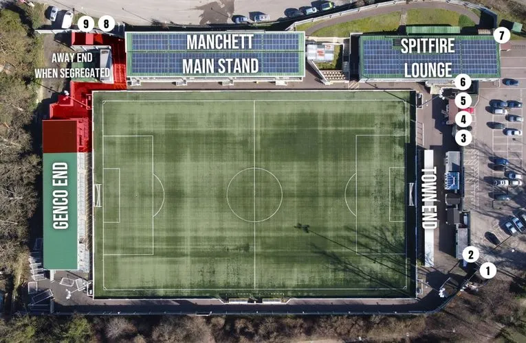 Sơ đồ bố trí chỗ ngồi tại sân vận động Gallagher Stadium, Maidstone, chi tiết các khán đài