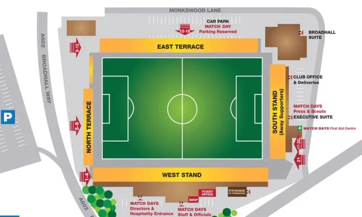 Sơ đồ bố trí chỗ ngồi và các khu vực chính của sân vận động Broadhall Way (Lamex Stadium)