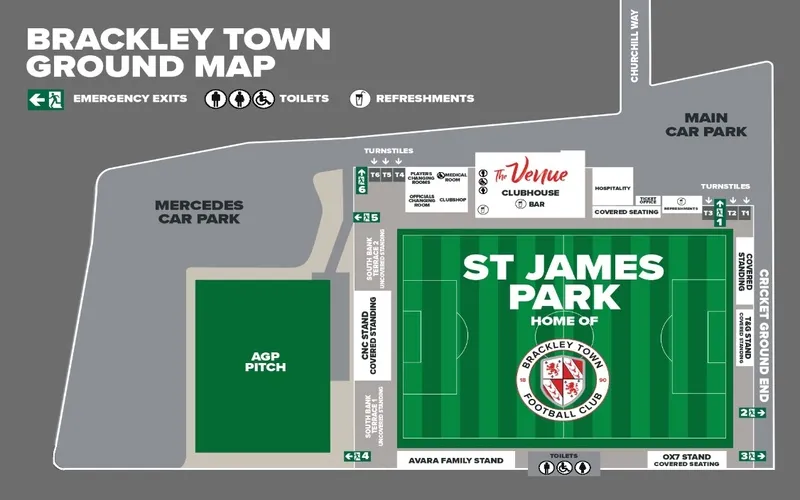 Sơ đồ bố trí chỗ ngồi và các khu vực chính của sân vận động St James Park Brackley