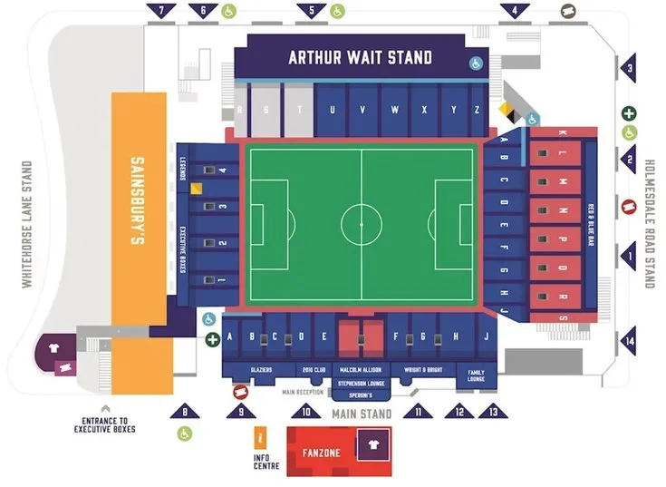 Sơ đồ chi tiết các khán đài tại sân Selhurst Park của Crystal Palace