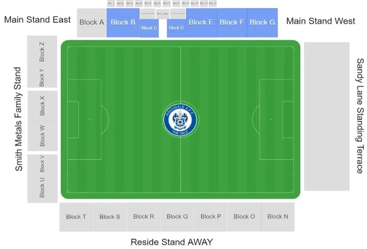 Sơ đồ chi tiết các khán đài và khu vực chỗ ngồi tại sân Spotland của Rochdale AFC