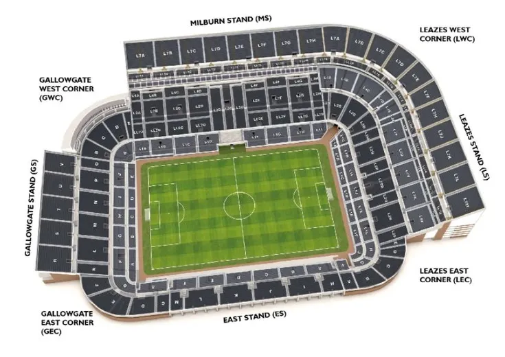 Sơ đồ chi tiết các khán đài và khu vực chỗ ngồi tại sân vận động St. James' Park, Newcastle