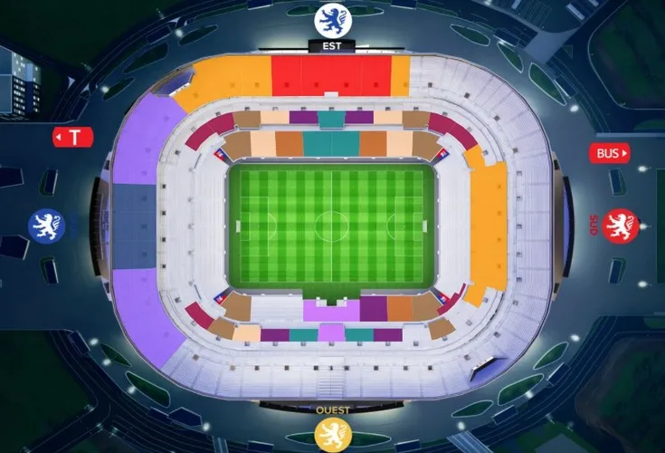 Sơ đồ chi tiết các khu vực khán đài và lối vào tại sân Groupama Stadium (Parc Olympique Lyonnais)