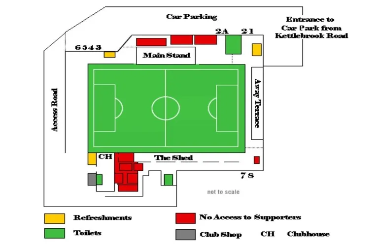 Sơ đồ chi tiết sân vận động The Lamb Ground, phân chia các khu vực khán đài và lối vào, hữu ích cho người hâm mộ muốn đến xem Tamworth FC thi đấu.