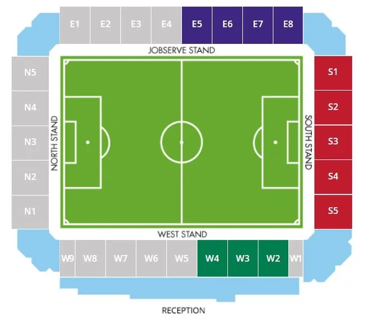 Sơ đồ chỗ ngồi chi tiết của sân JobServe Community Stadium