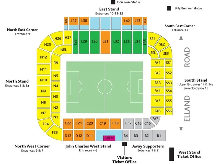 Sơ đồ chỗ ngồi chi tiết của sân vận động Elland Road, giúp người hâm mộ Leeds United dễ dàng tìm vị trí