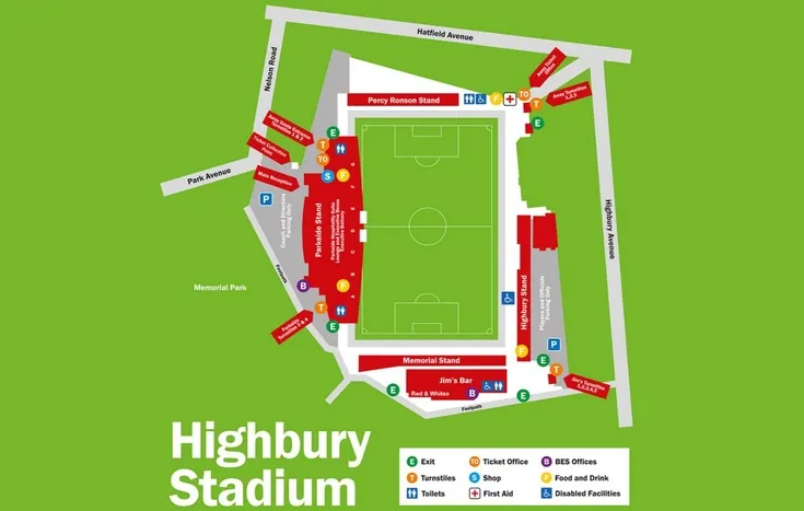 Sơ đồ chỗ ngồi chi tiết của sân vận động Highbury, cung cấp hướng dẫn khu vực khán đài