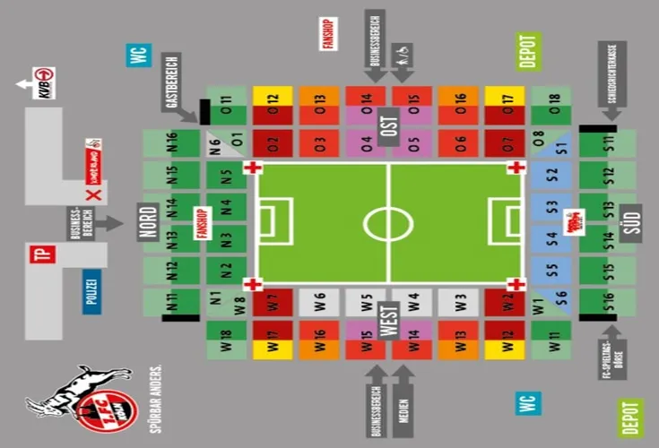 Sơ đồ chỗ ngồi chi tiết của sân vận động RheinEnergieStadion, phân chia các khán đài Bắc, Nam, Đông và Tây.