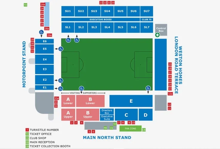 Sơ đồ chỗ ngồi chi tiết của Weston Homes Stadium, sân nhà của Peterborough United, minh họa vị trí các khán đài và khu vực khác nhau