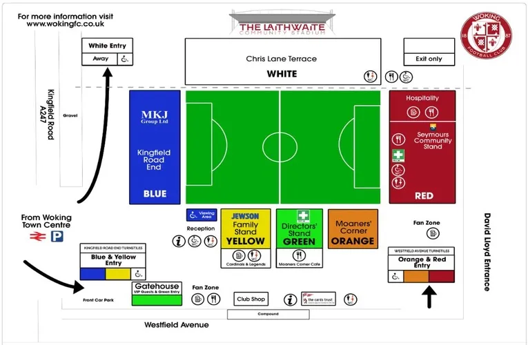 Sơ đồ chỗ ngồi chi tiết sân Laithwaite Community Stadium của Woking FC