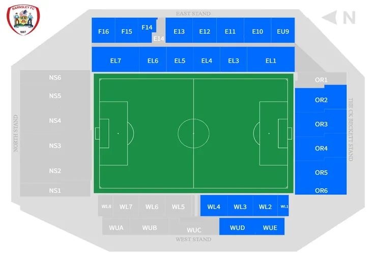 Sơ đồ chỗ ngồi chi tiết sân vận động Oakwell, hướng dẫn vị trí các khán đài