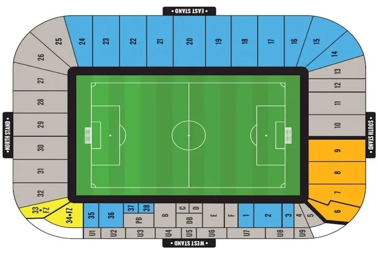 Sơ đồ chỗ ngồi chi tiết tại Sân vận động Coventry Building Society Arena, hướng dẫn các khu vực khán đài.