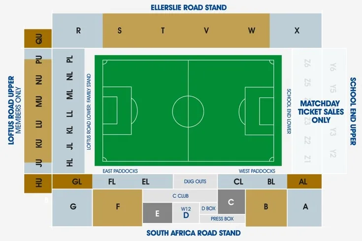 Sơ đồ chỗ ngồi chi tiết tại sân vận động Loftus Road, giúp CĐV Queens Park Rangers dễ dàng định vị vị trí.