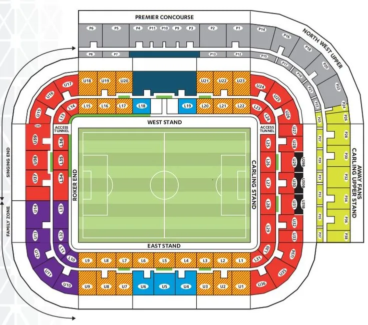 Sơ đồ chỗ ngồi chi tiết tại sân vận động Stadium of Light, giúp người hâm mộ dễ dàng định vị vị trí của mình