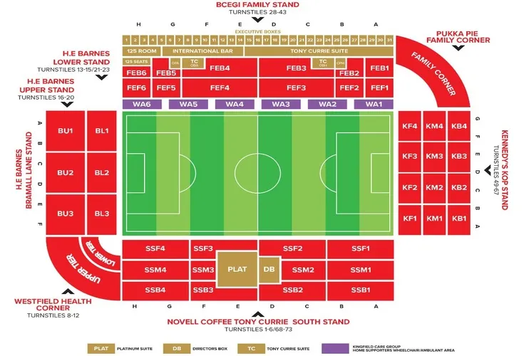 Sơ đồ chỗ ngồi sân Bramall Lane, hướng dẫn vị trí các khán đài tại sân nhà Sheffield United