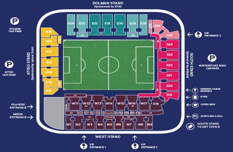 Sơ đồ chỗ ngồi sân Plainmoor của Torquay United, hướng dẫn vị trí khán đài