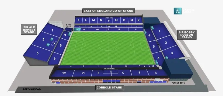 Sơ đồ chỗ ngồi sân vận động Portman Road, minh họa vị trí các khán đài và phân khu chỗ ngồi cho khán giả.