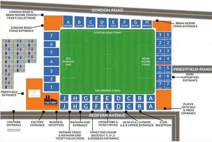 Sơ đồ tổng quan Priestfield Stadium, giúp người hâm mộ định vị các khán đài và khu vực chức năng.
