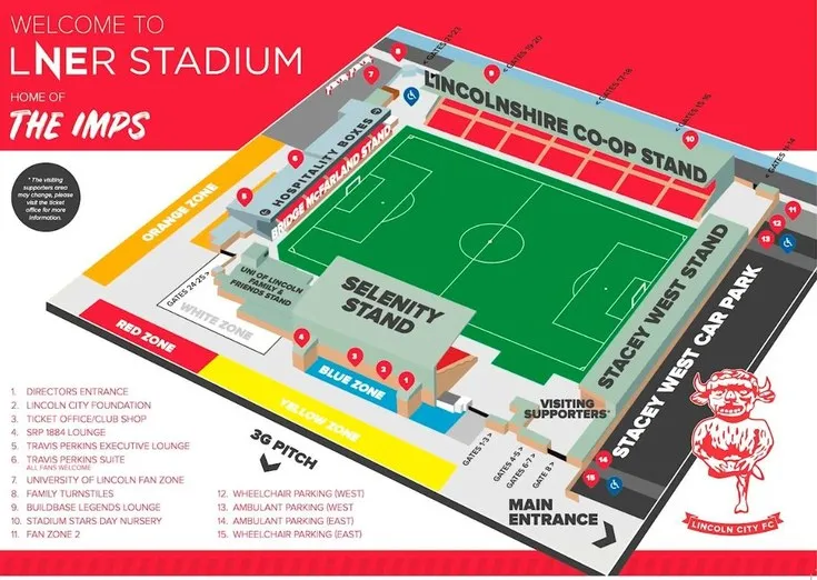 Sơ đồ tổng thể sân vận động Sincil Bank, minh họa các khán đài và lối đi