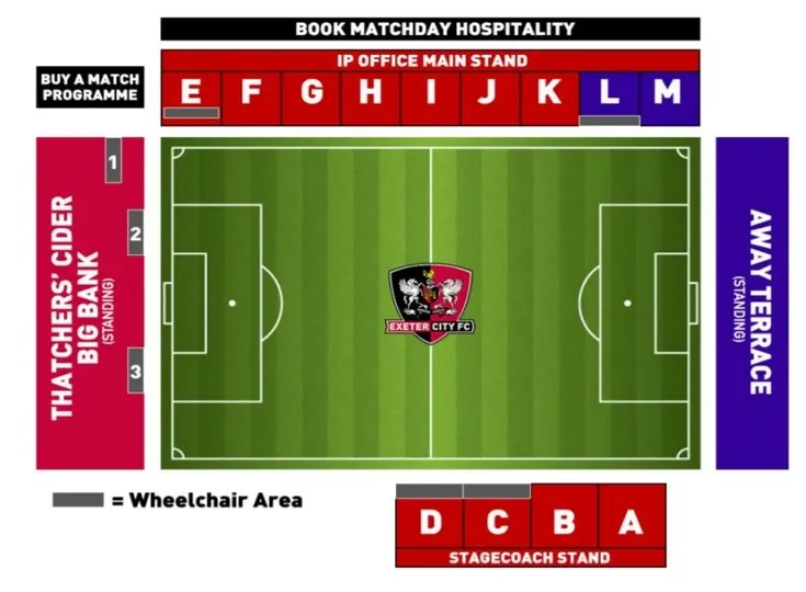 Sơ đồ tổng thể sân vận động St. James Park của Exeter City, minh họa rõ ràng các khán đài và lối vào chính.