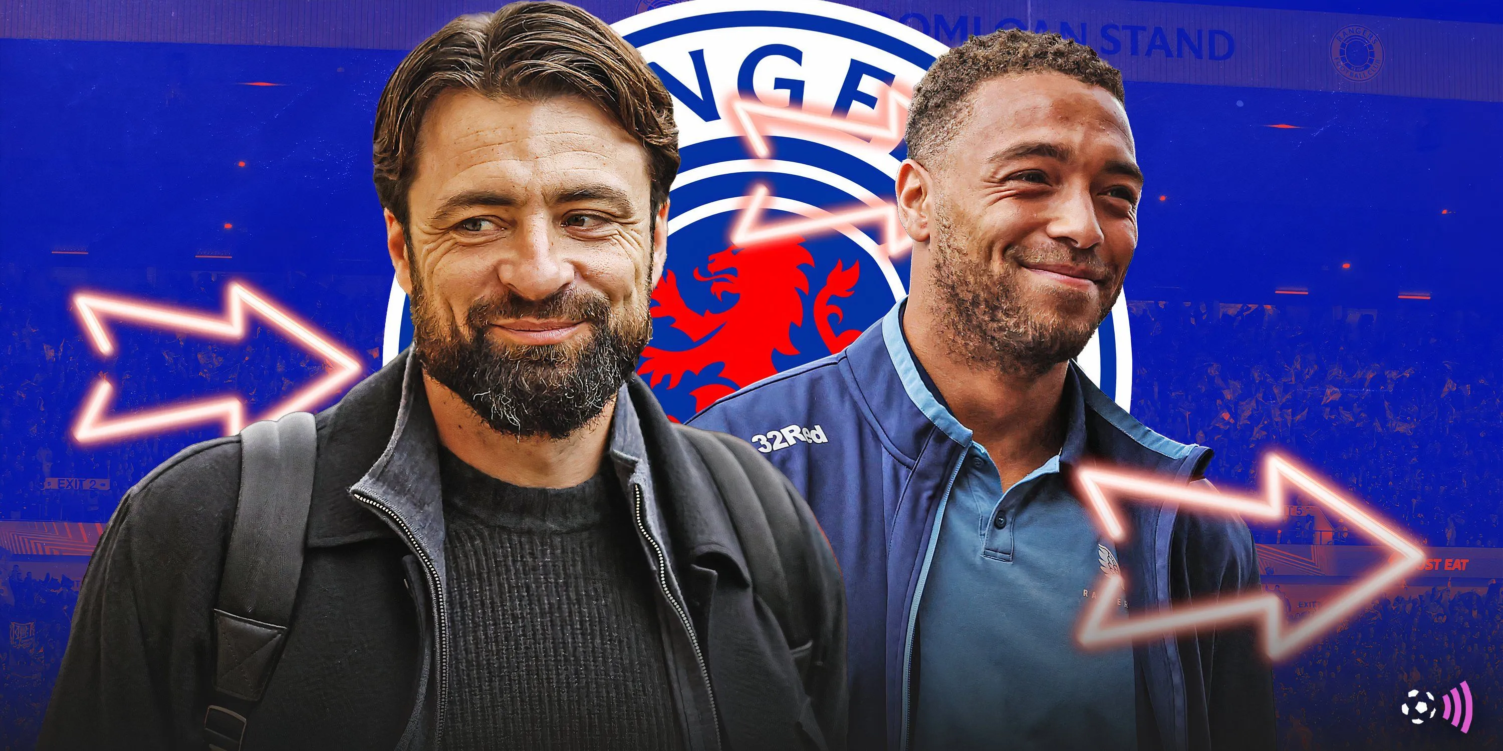Tiền đạo Cyriel Dessers của Rangers và HLV Russell Martin trên sân