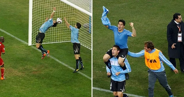 Luis Suarez dùng tay ngăn bàn của Ghana tại World Cup 2010, dẫn tới thẻ đỏ trực tiếp